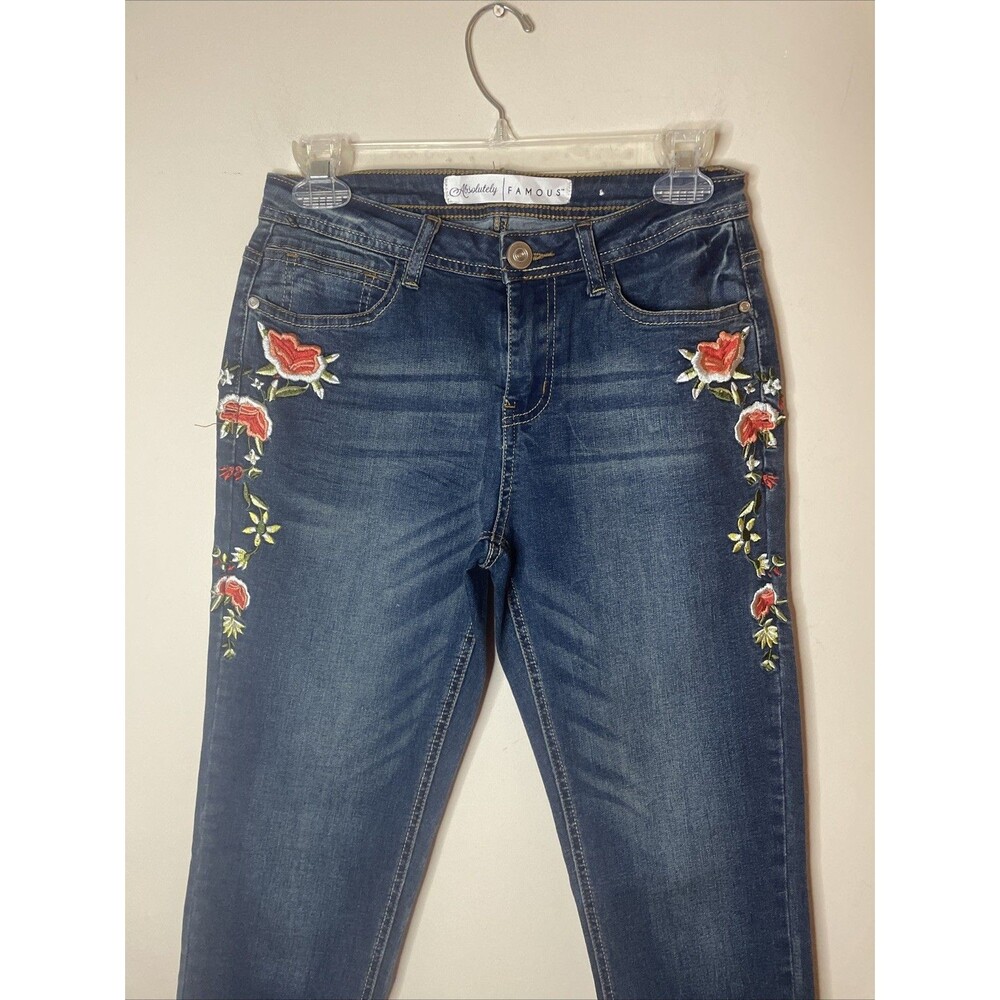 Absolutely Famous Jean 4 Womens Skinny Embroidered Floral Flowers Mid Rise Blue